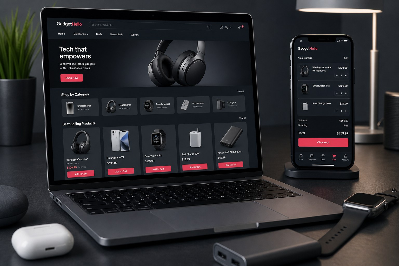 Laptop and phone showing the GadgetHello electronics online store