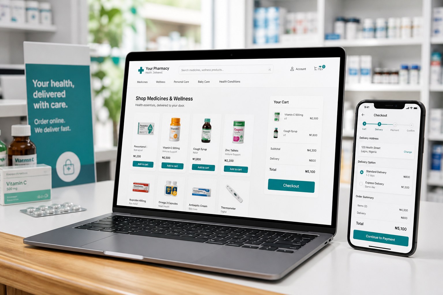 Laptop and phone showing The Bold Pharmacy online store checkout