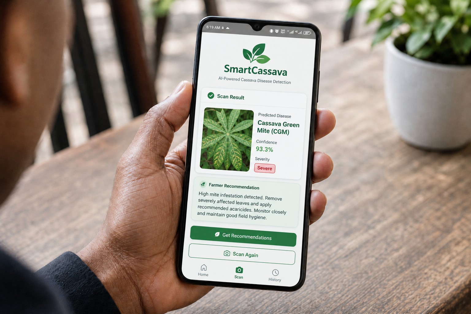 Hand holding a phone with the SmartCassava leaf diagnosis app