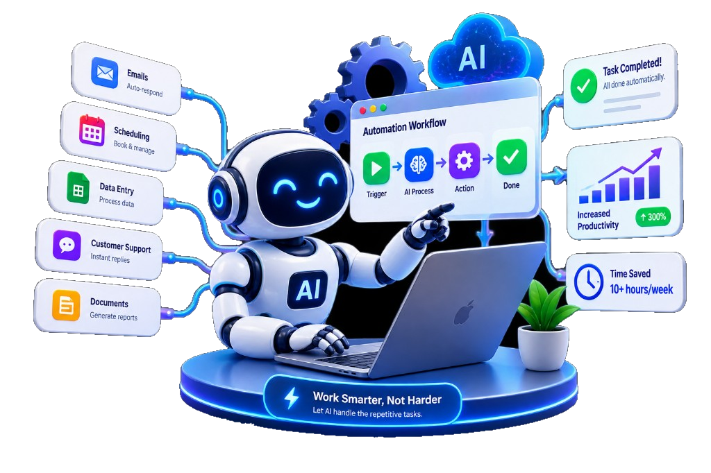 Robot running an AI automation workflow on a laptop