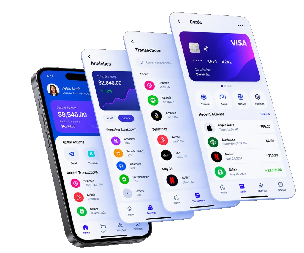 iPhone and floating mobile app screens for a finance product