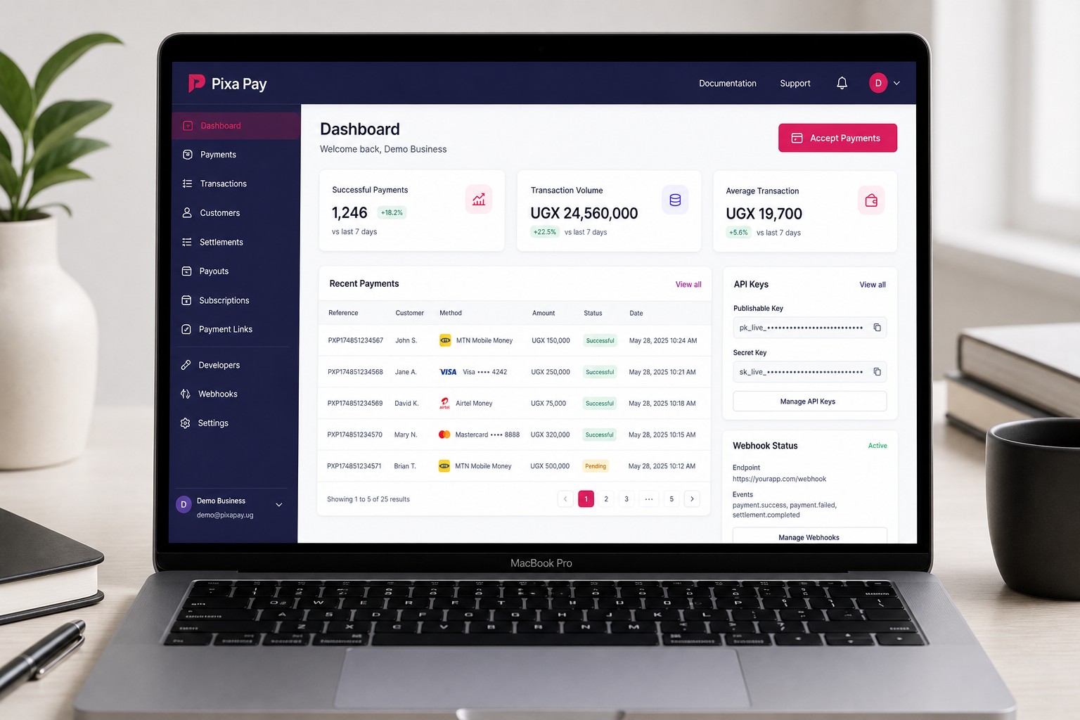 MacBook showing the Pixa Pay payment gateway dashboard